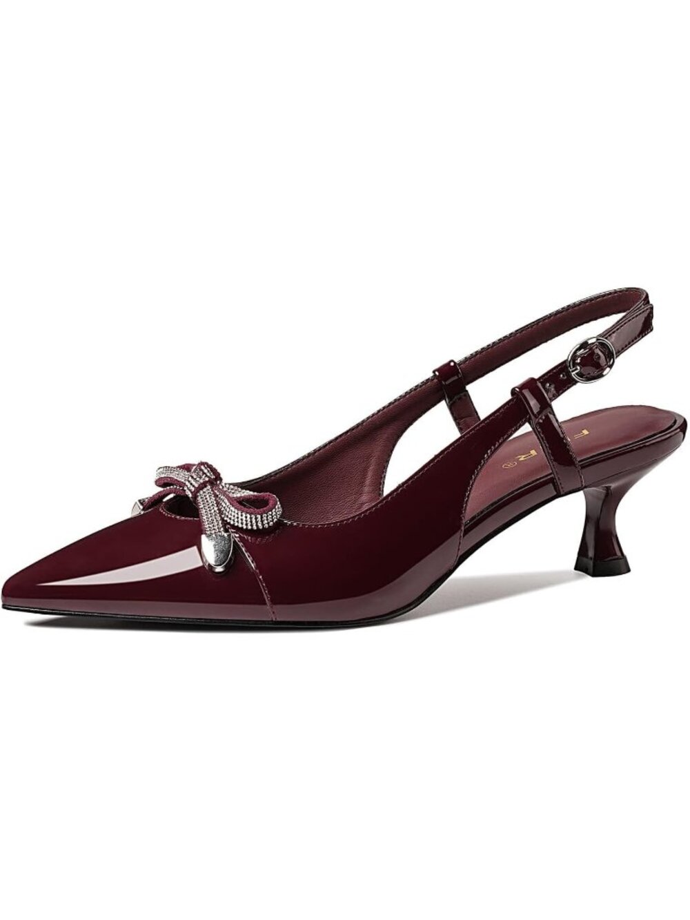 Women's Burgundy Closed Pointed Toe Heel Patent Leather Low Heel Slingback Shoes